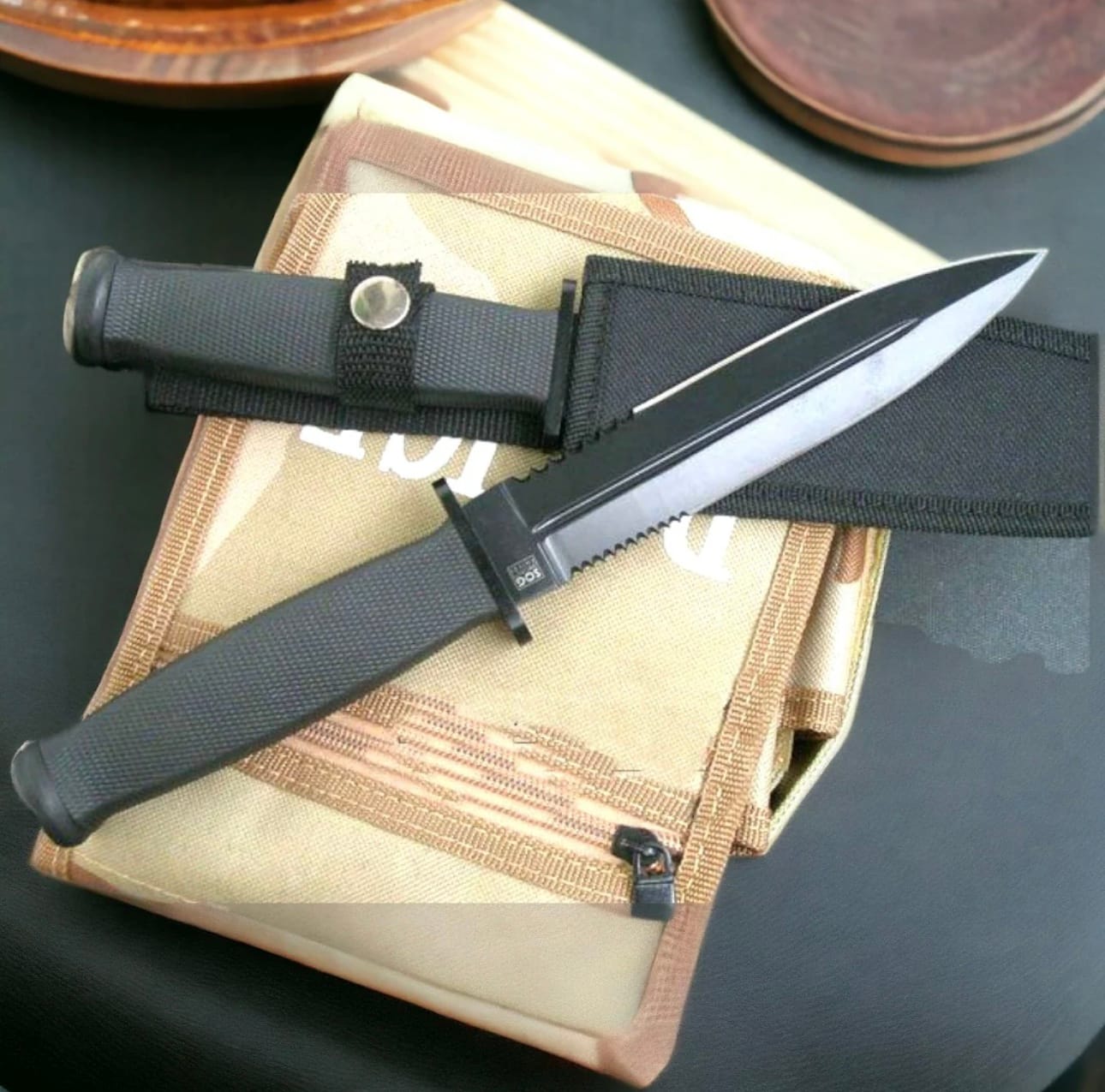 USA MT-225 11.5″ Fixed Blade Knife – Black, Full Tang, Partially Serrated with Sheath